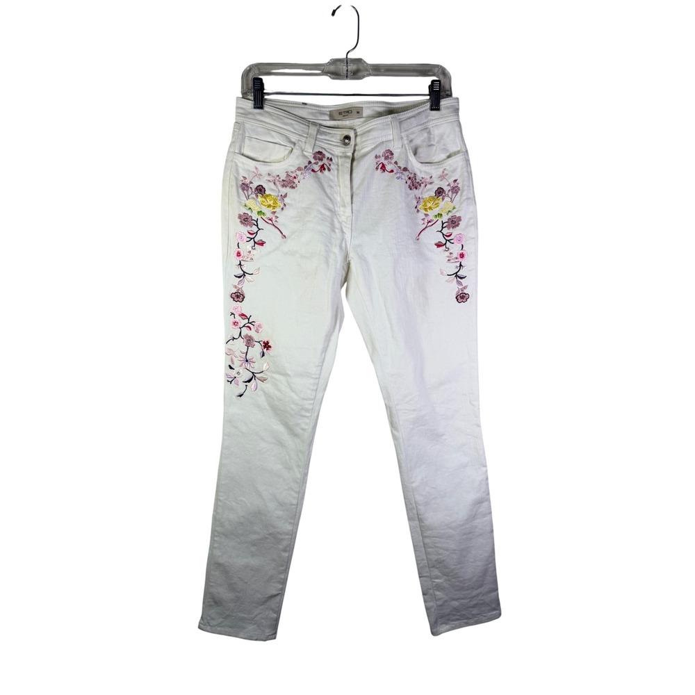 Etro Milano White Floral Embroidered Slim Straight Leg Jeans Made in Italy 30